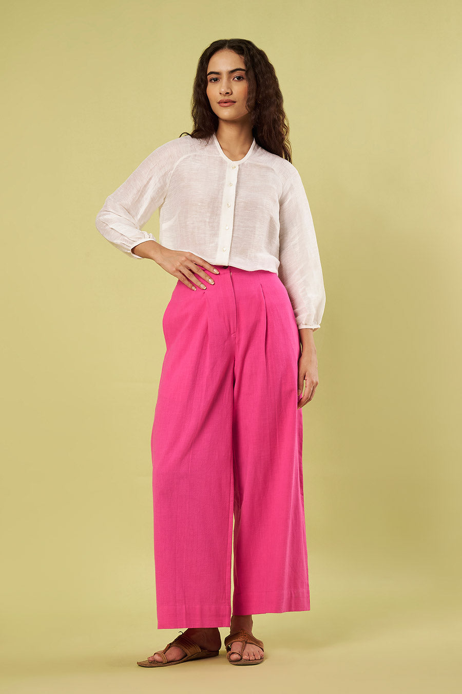 Ivory Linen Silk Shirt & Pink Cotton Pants Co-Ord Set