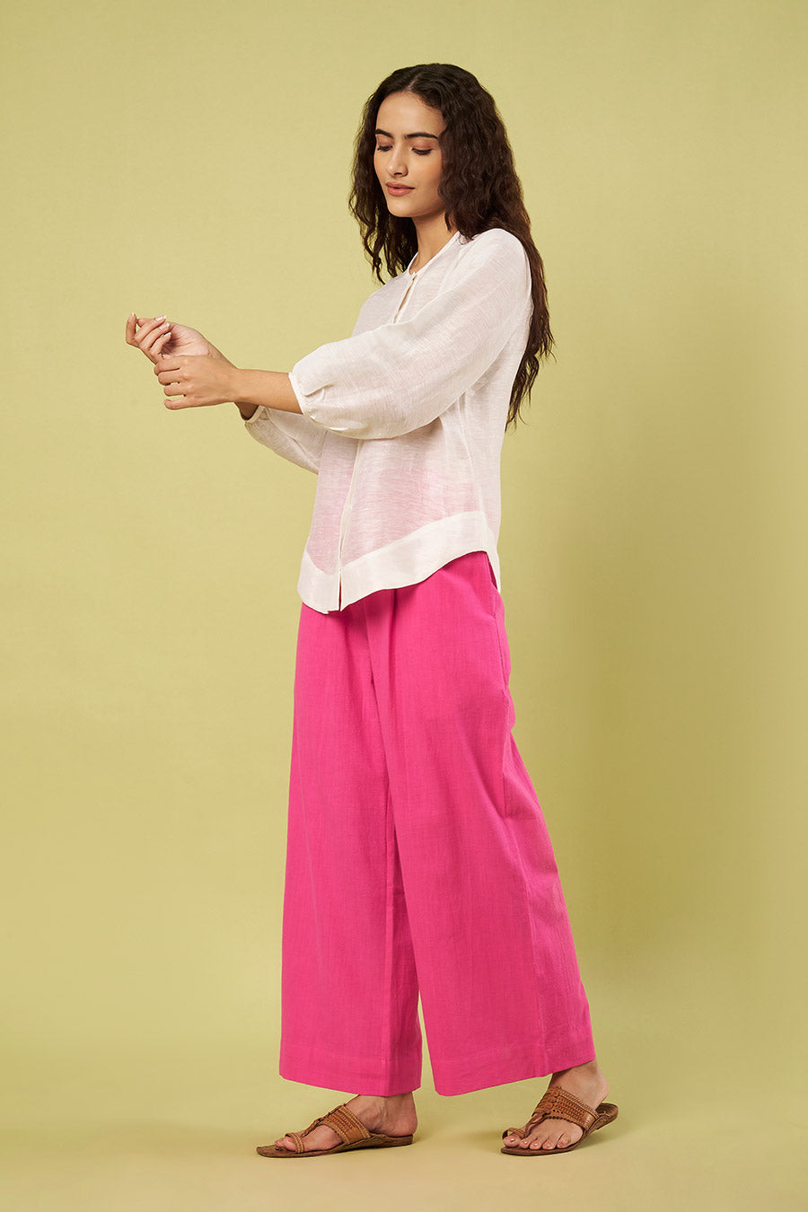 Ivory Linen Silk Shirt & Pink Cotton Pants Co-Ord Set