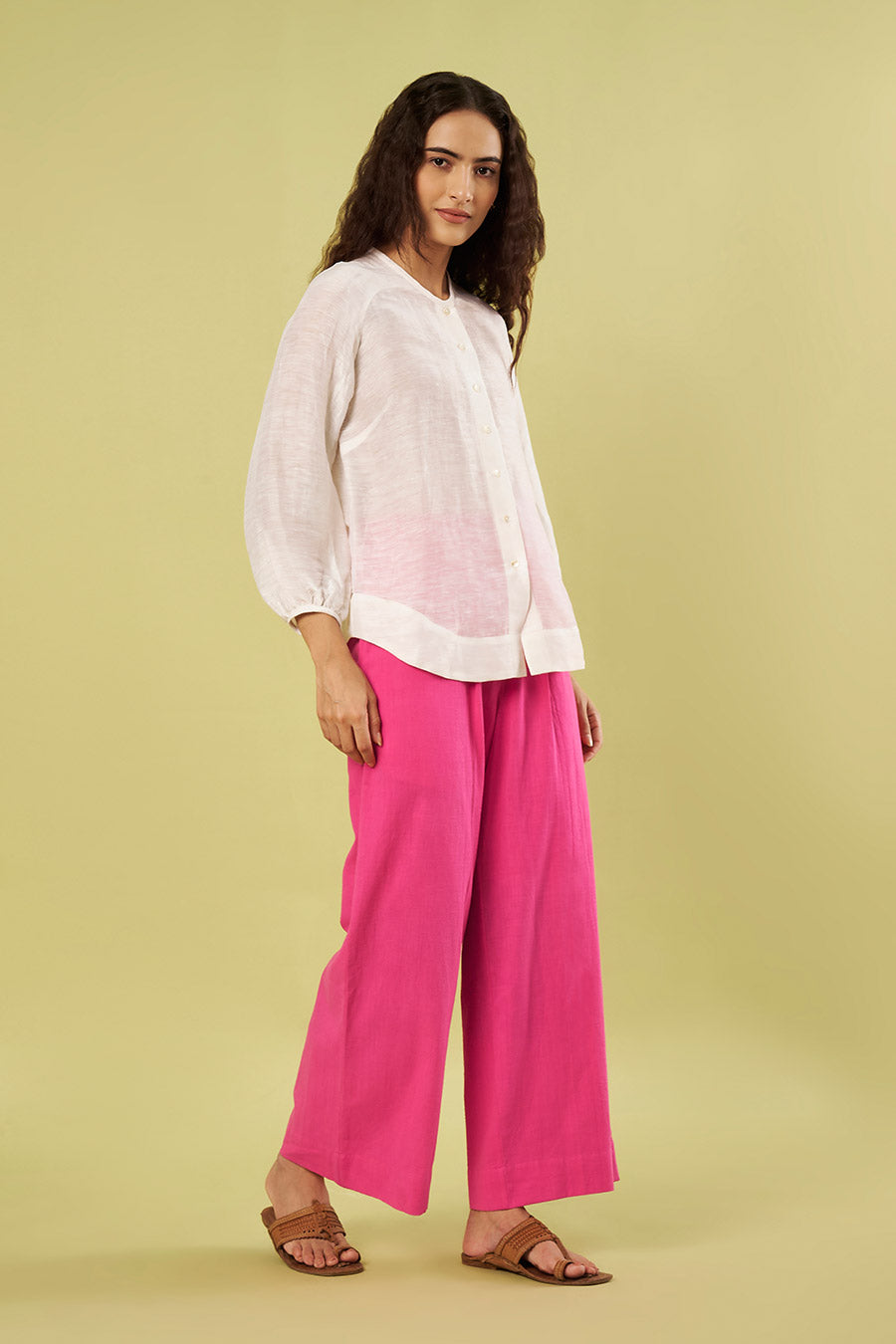 Ivory Linen Silk Shirt & Pink Cotton Pants Co-Ord Set