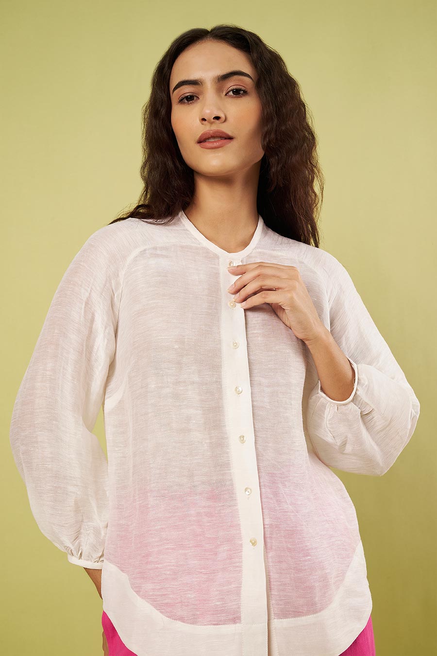 Ivory Linen Silk Shirt & Pink Cotton Pants Co-Ord Set