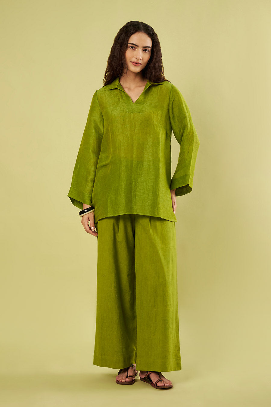 Olive Green Linen Silk Tunic & Cotton Pants Set