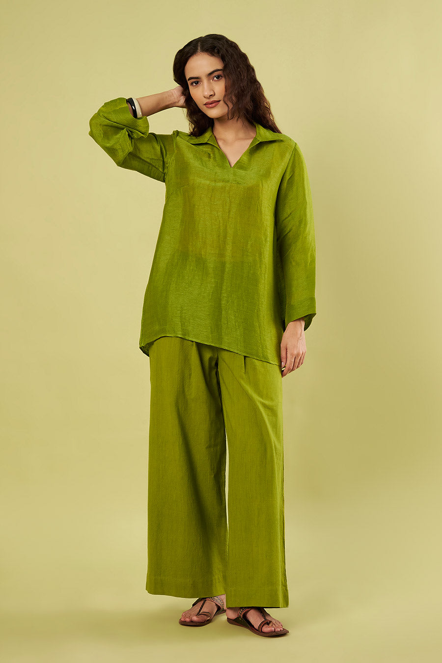 Olive Green Linen Silk Tunic & Cotton Pants Set