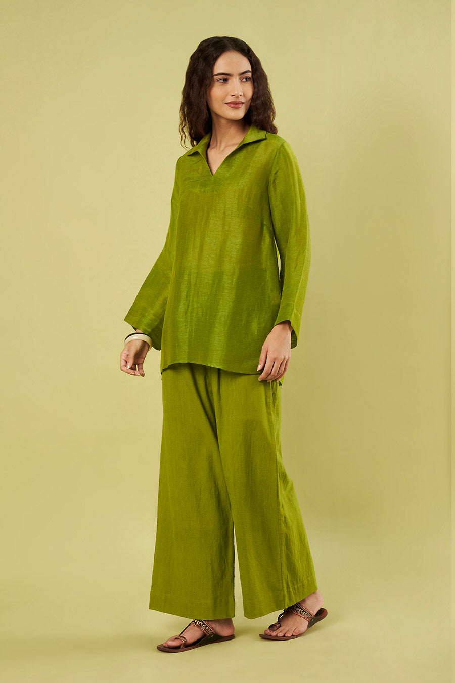 Olive Green Linen Silk Tunic & Cotton Pants Set