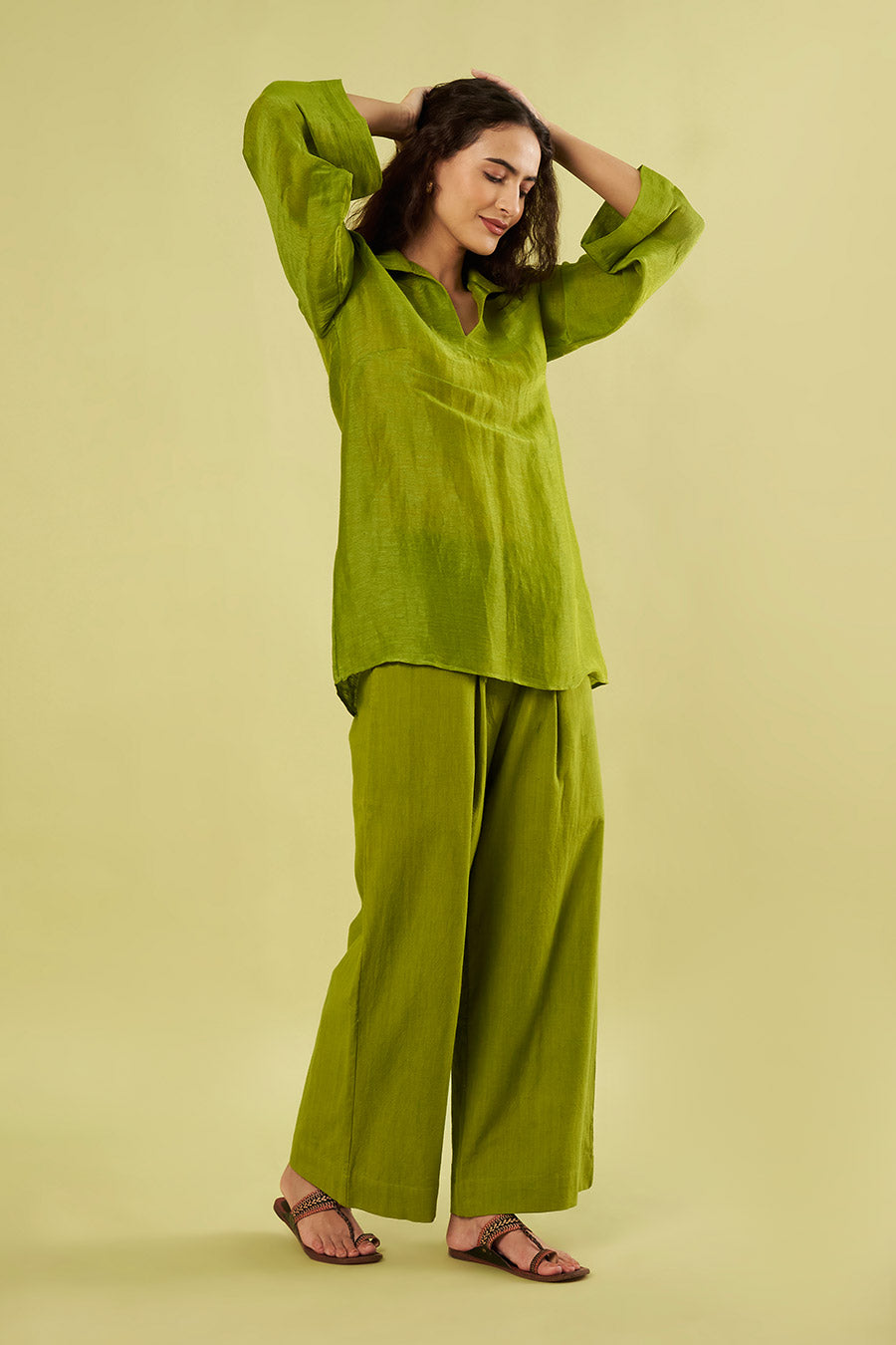 Olive Green Linen Silk Tunic & Cotton Pants Set