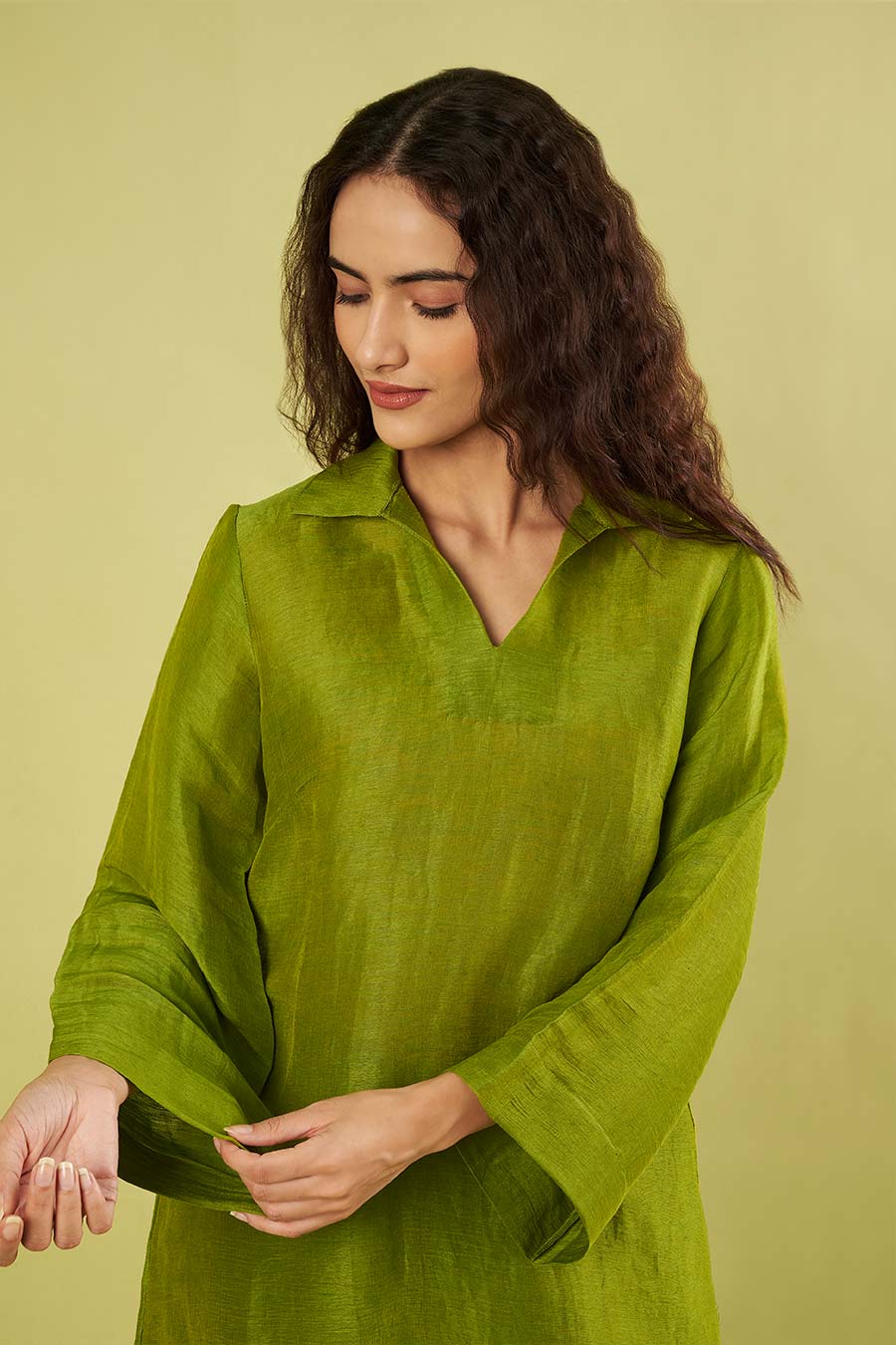 Olive Green Linen Silk Tunic & Cotton Pants Set