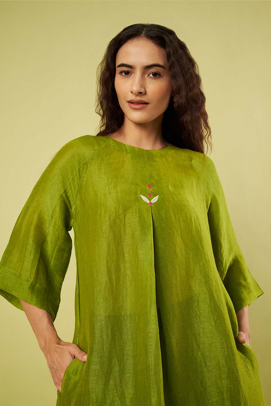 Green Linen Silk Embroidered Kurta & Salwar Set