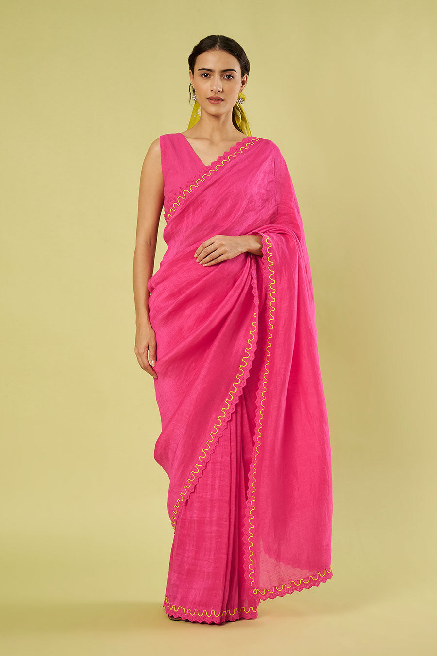 Pink Linen Silk Saree & Khadi Cotton Blouse Set