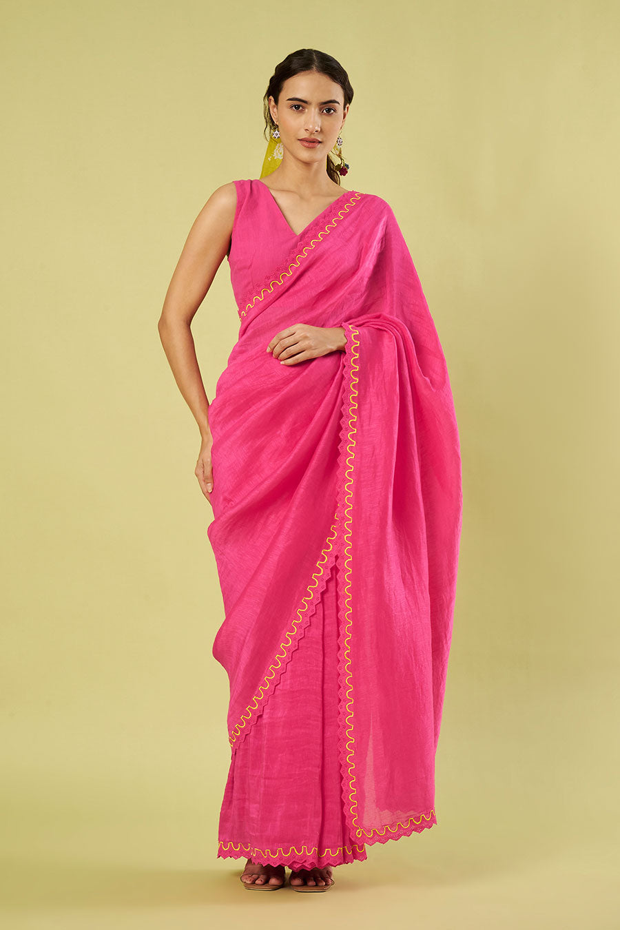 Pink Linen Silk Saree & Khadi Cotton Blouse Set