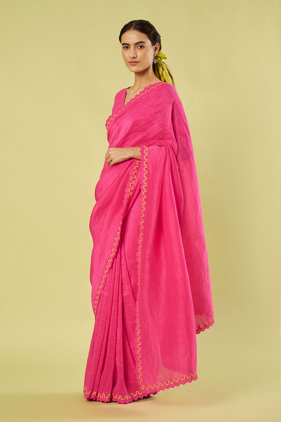 Pink Linen Silk Saree & Khadi Cotton Blouse Set