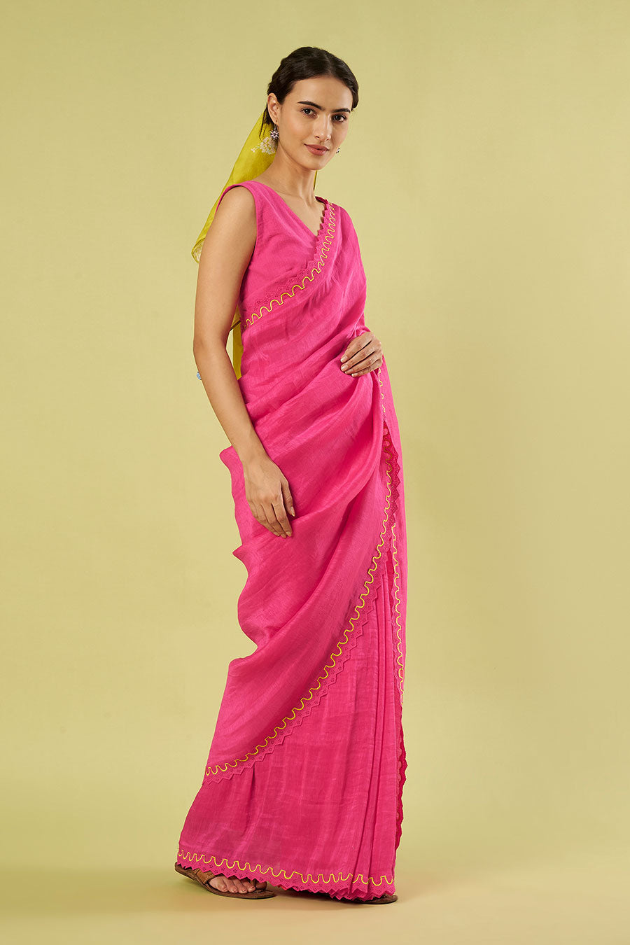 Pink Linen Silk Saree & Khadi Cotton Blouse Set