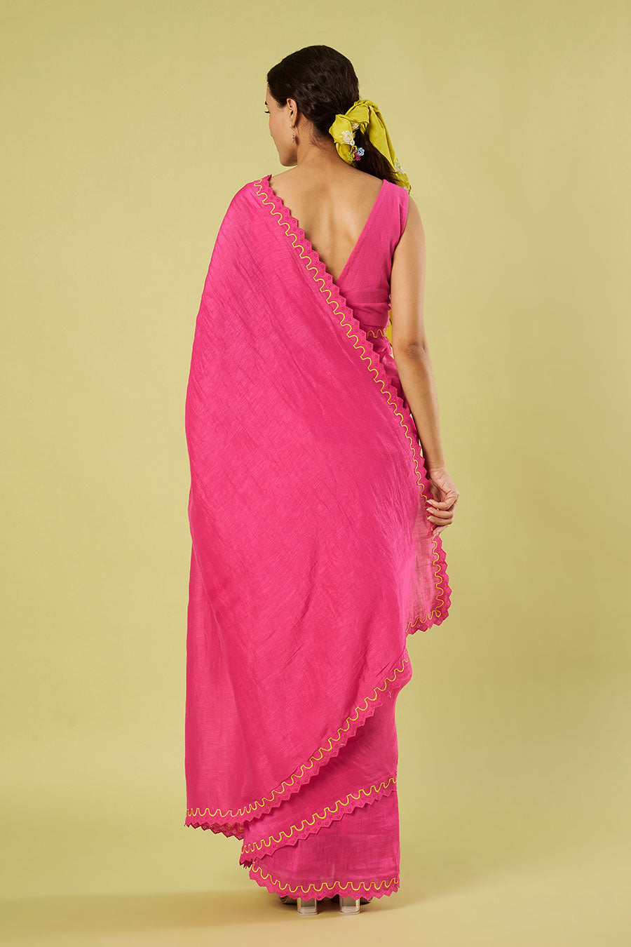 Pink Linen Silk Saree & Khadi Cotton Blouse Set