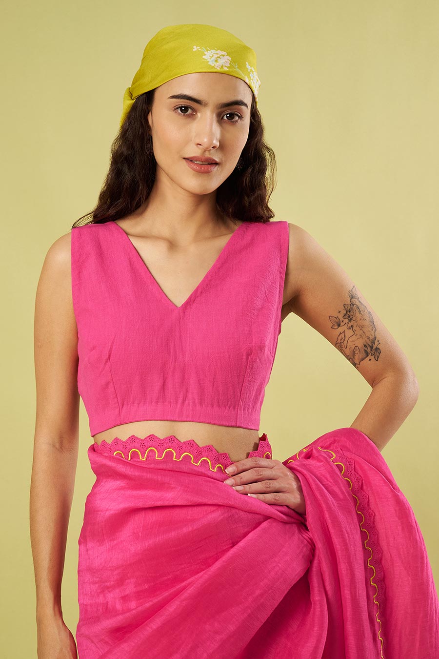 Pink Linen Silk Saree & Khadi Cotton Blouse Set