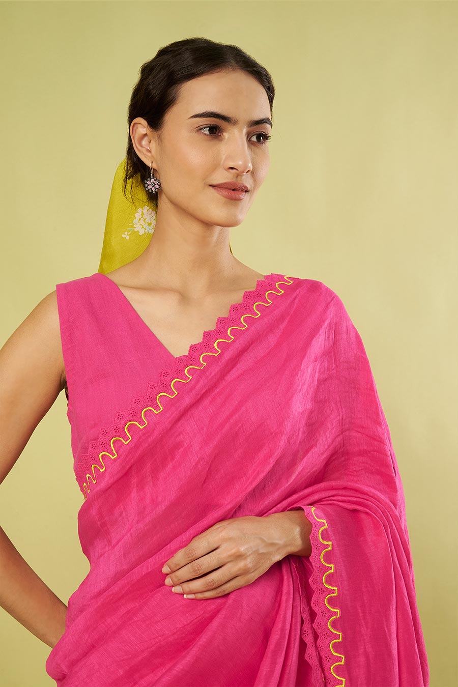 Pink Linen Silk Saree & Khadi Cotton Blouse Set