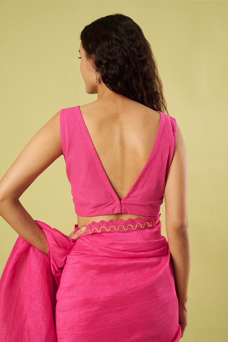Pink Linen Silk Saree & Khadi Cotton Blouse Set