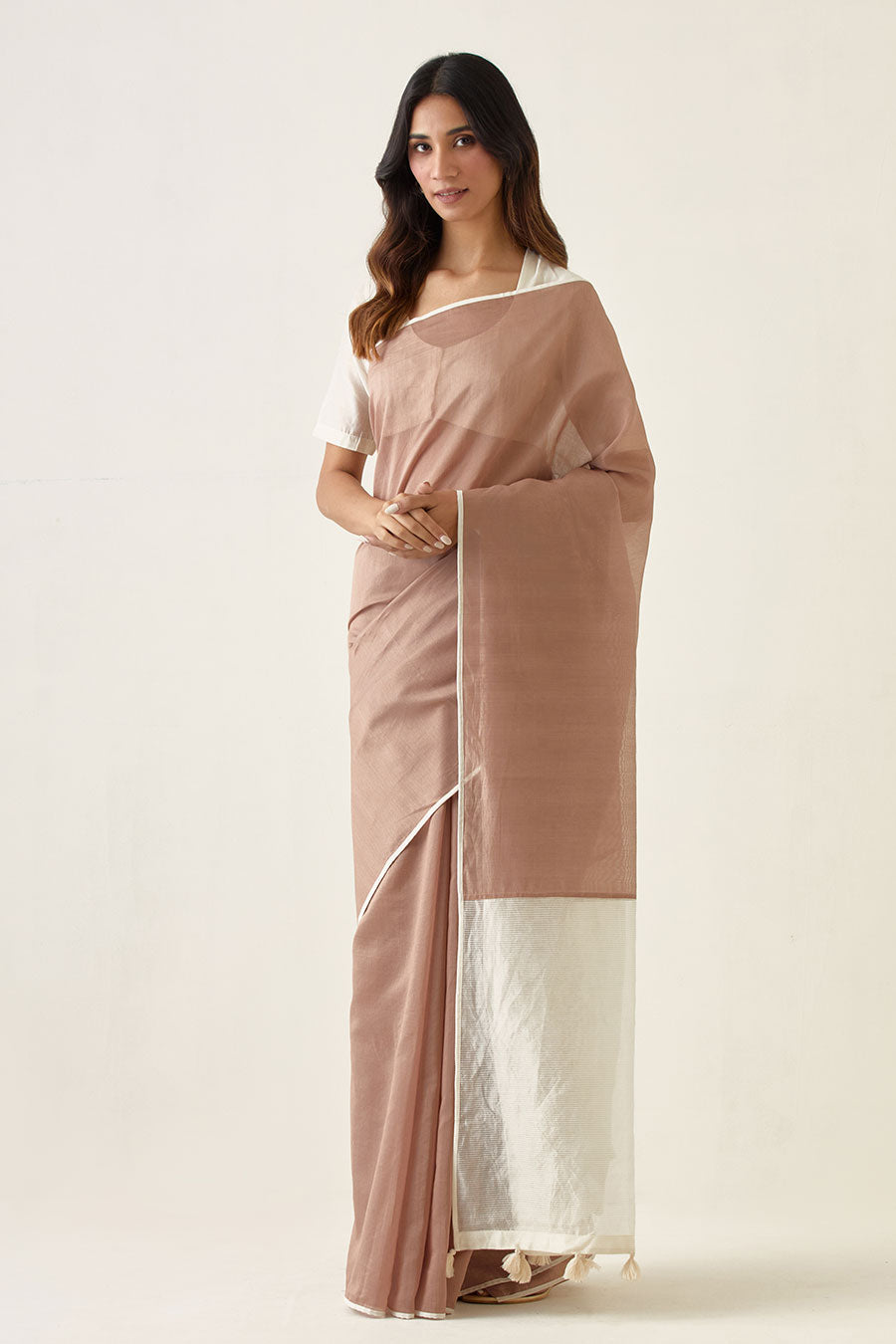 Handcrafted Taupe Saree with Striped Pallu & Off White Blouse Set
