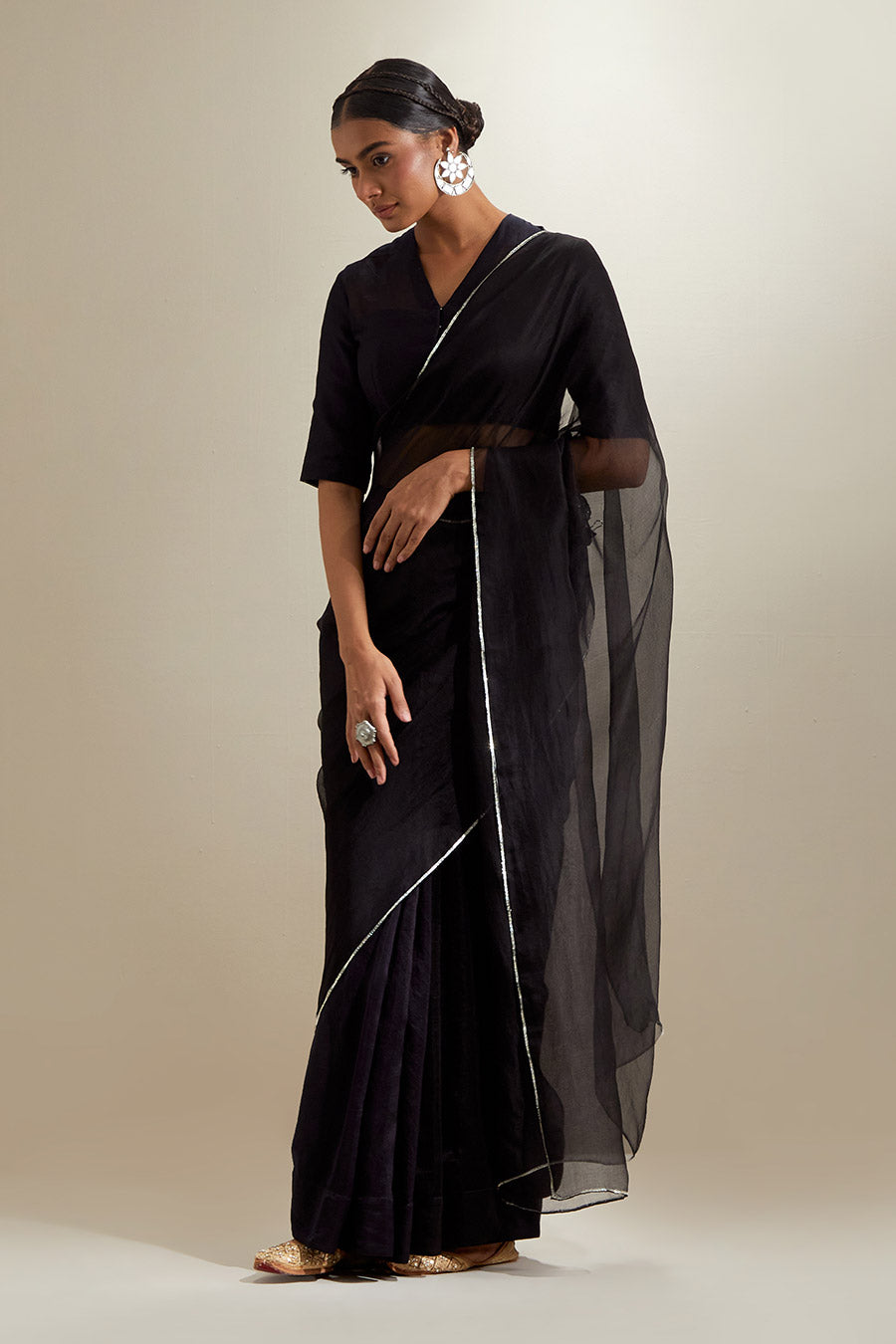 Black Pre-Stitched Chanderi Saree with Blouse