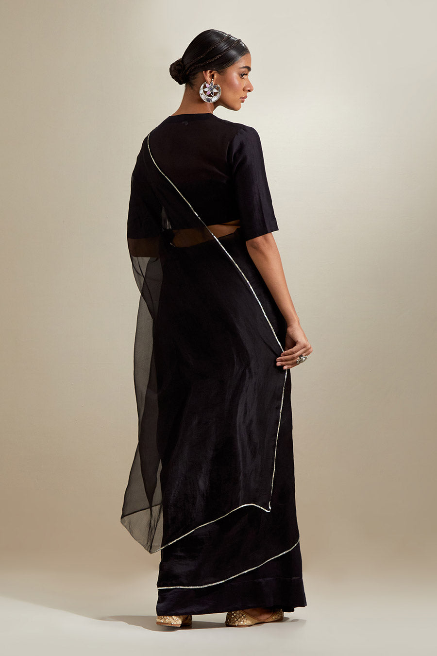 Black Pre-Stitched Chanderi Saree with Blouse