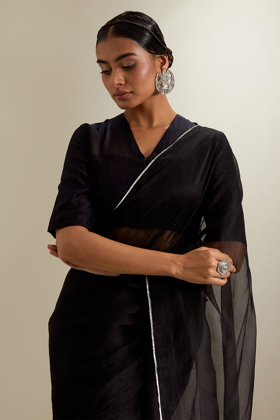 Black Pre-Stitched Chanderi Saree with Blouse