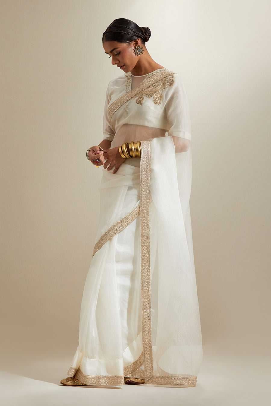 Ivory Silk Saree With Embroidered Chanderi Blouse