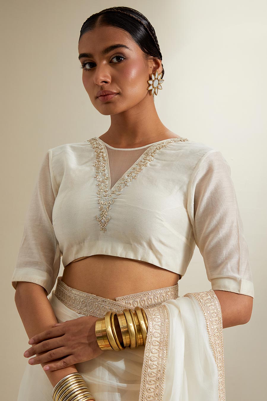 Ivory Silk Saree With Embroidered Chanderi Blouse