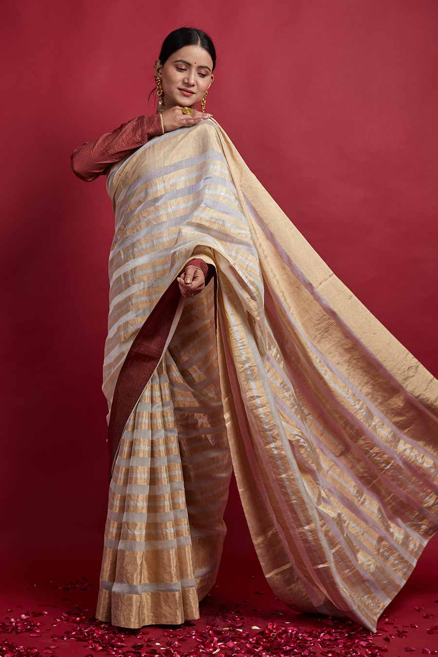Handcrafted Gold Stripe & Ivory Zari Saree