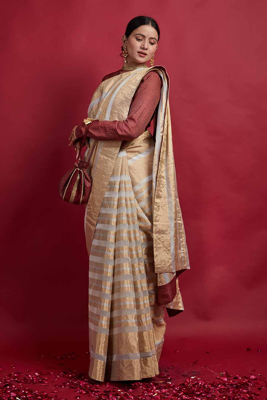 Handcrafted Gold Stripe & Ivory Zari Saree