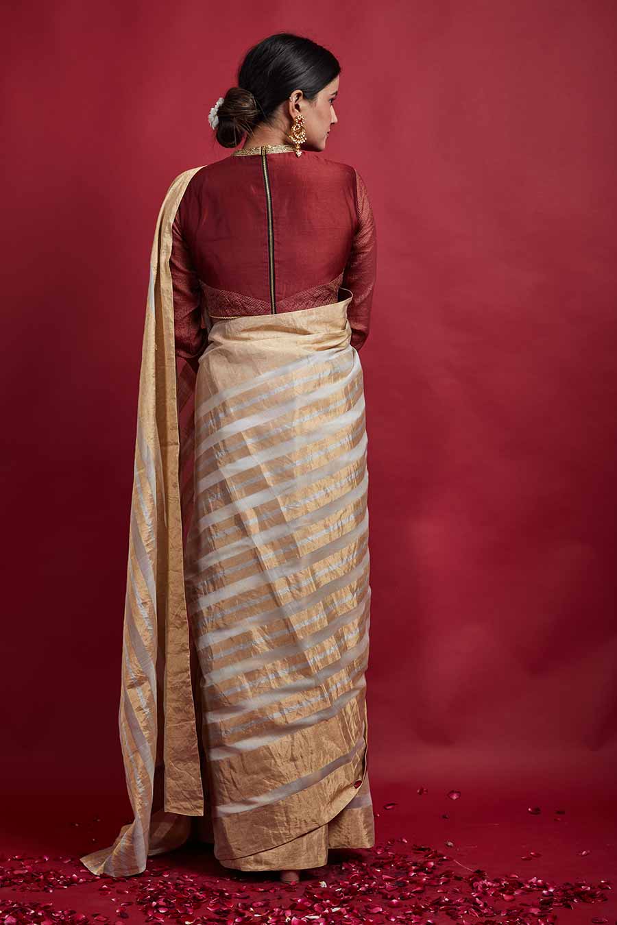 Handcrafted Gold Stripe & Ivory Zari Saree