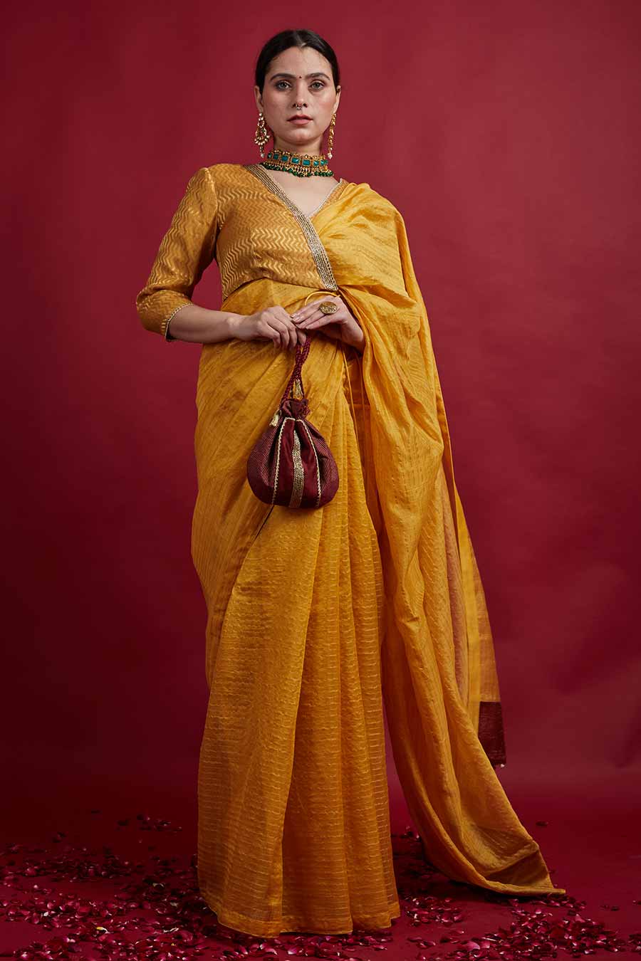 Turmeric Yellow & Gold Stripes Saree