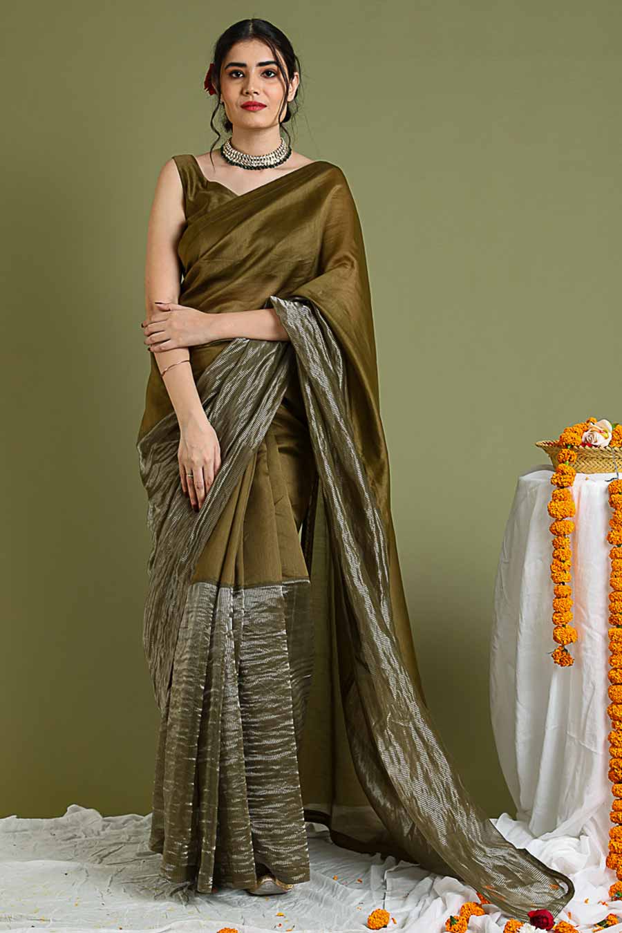 Tobacco Brown Chanderi Handloom Saree With Blouse