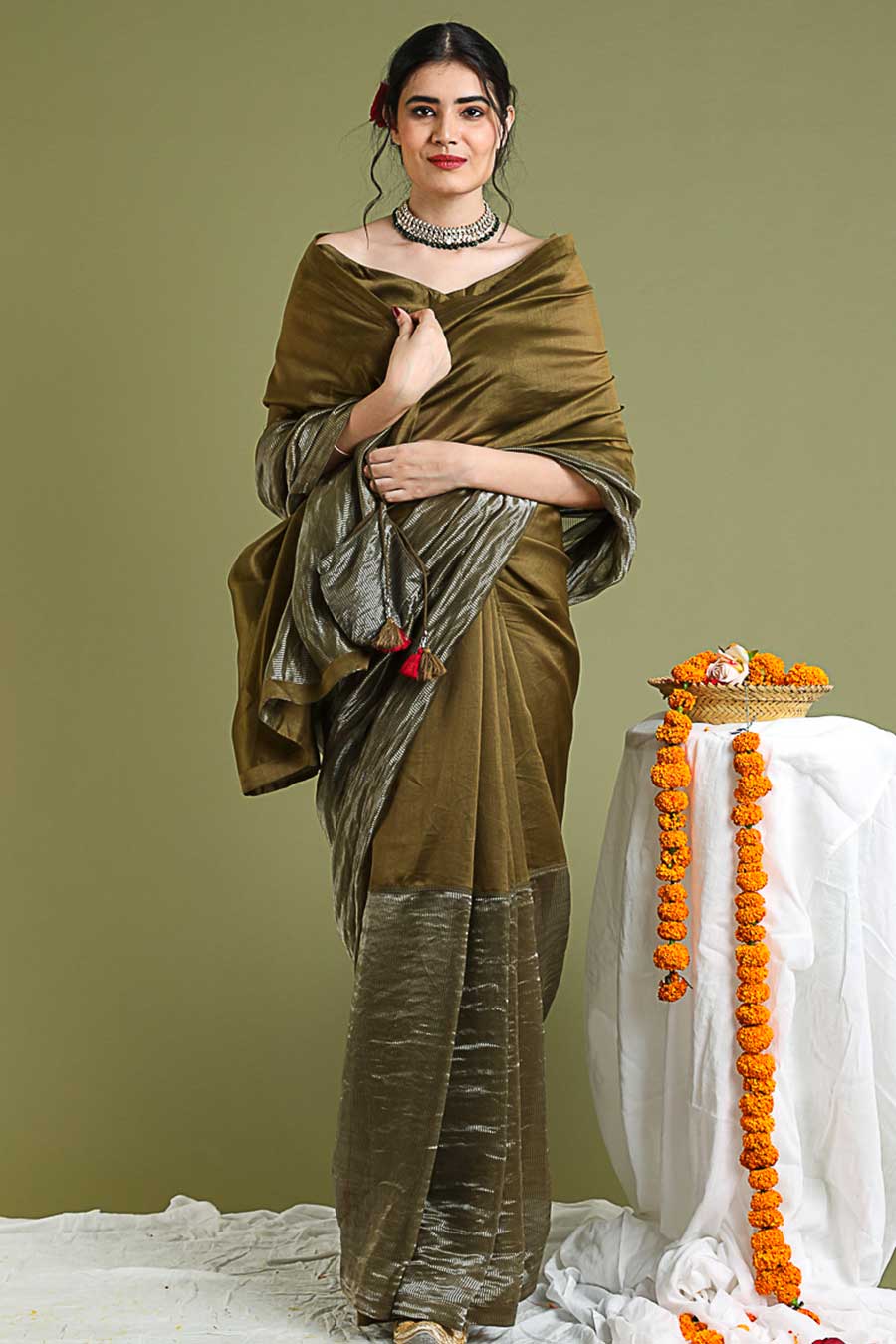 Tobacco Brown Chanderi Handloom Saree With Blouse