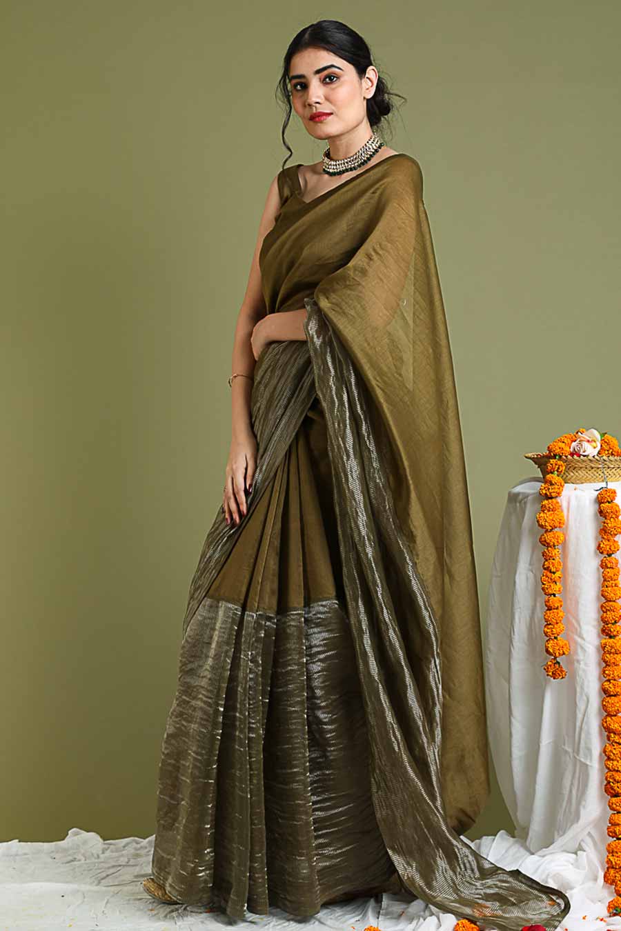 Tobacco Brown Chanderi Handloom Saree With Blouse