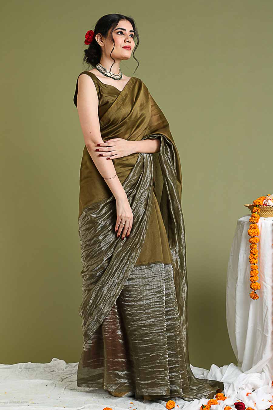 Tobacco Brown Chanderi Handloom Saree With Blouse