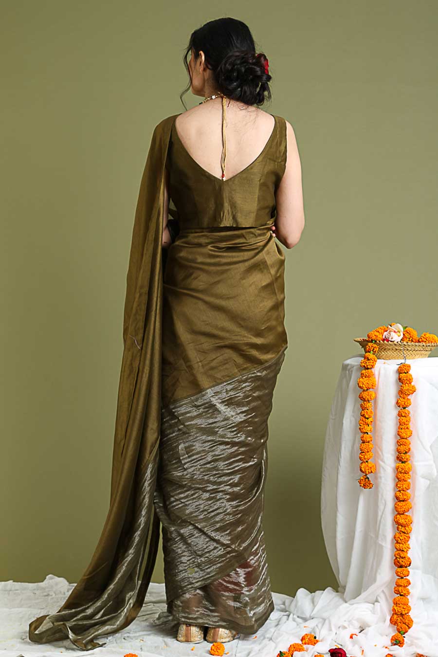 Tobacco Brown Chanderi Handloom Saree With Blouse