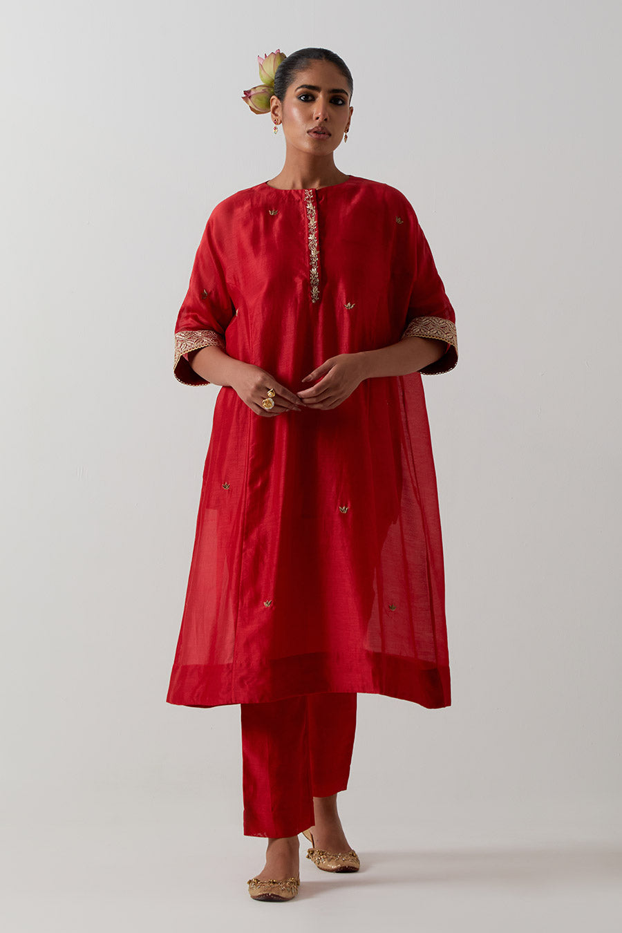 Red Embroidered Chanderi Kaftan Co-Ord Set