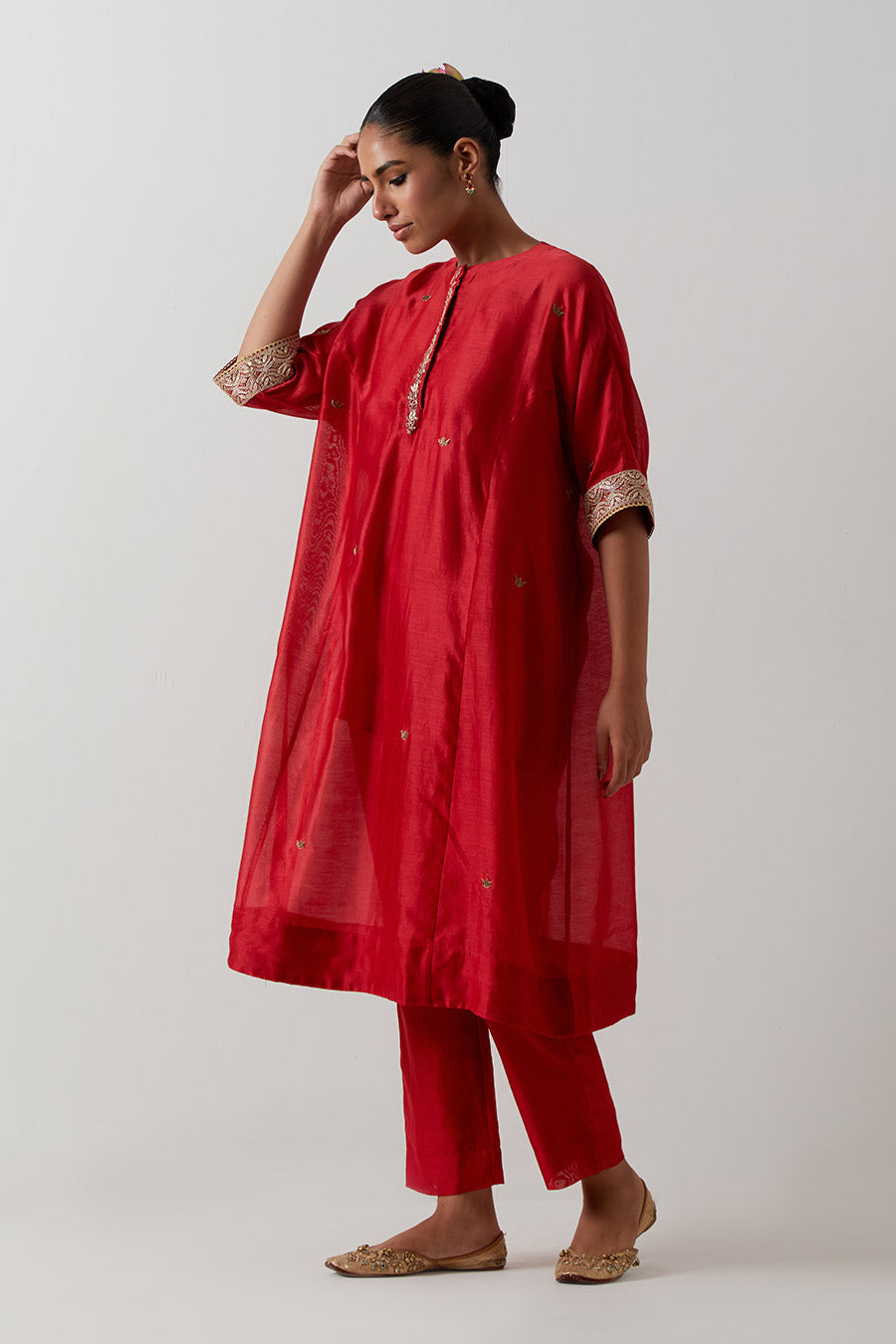 Red Embroidered Chanderi Kaftan Co-Ord Set