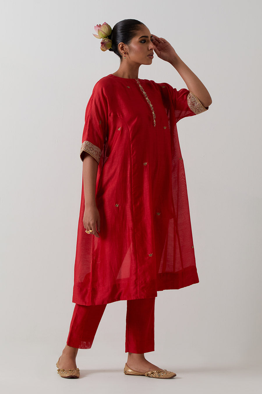 Red Embroidered Chanderi Kaftan Co-Ord Set