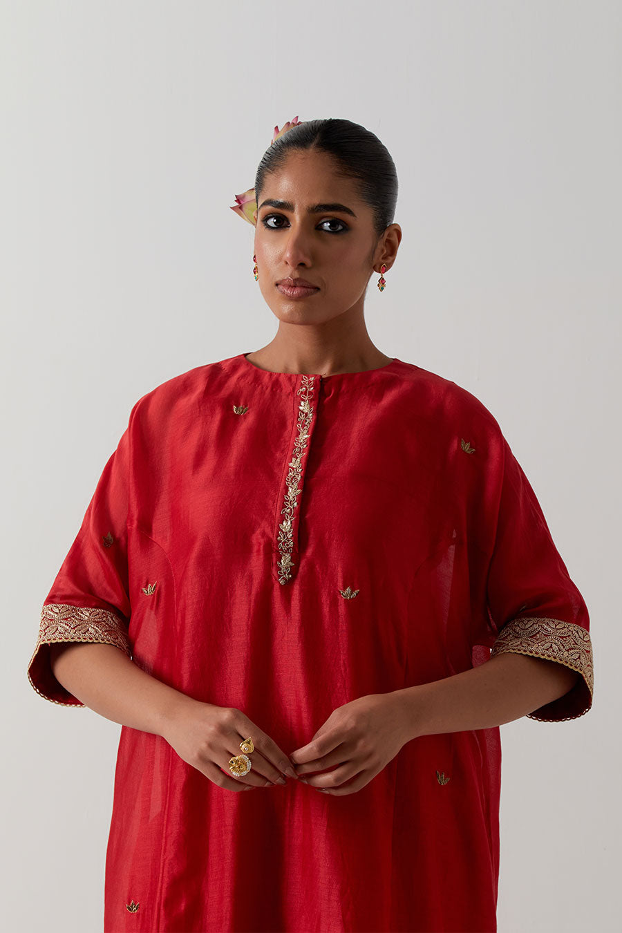 Red Embroidered Chanderi Kaftan Co-Ord Set
