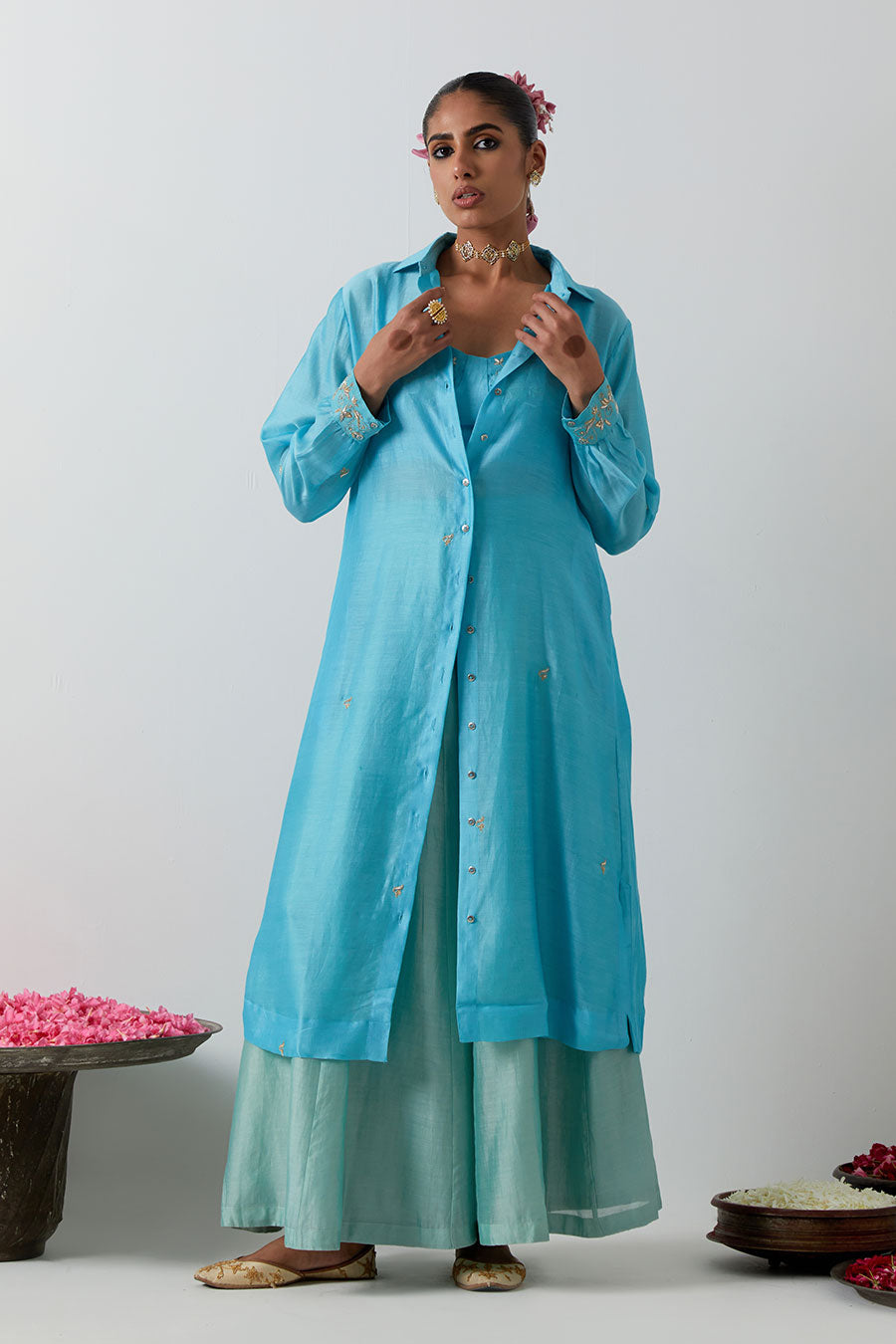 Sky Blue Embroidered Chanderi 3-Piece Co-Ord Set
