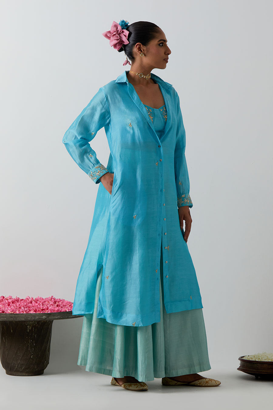 Sky Blue Embroidered Chanderi 3-Piece Co-Ord Set