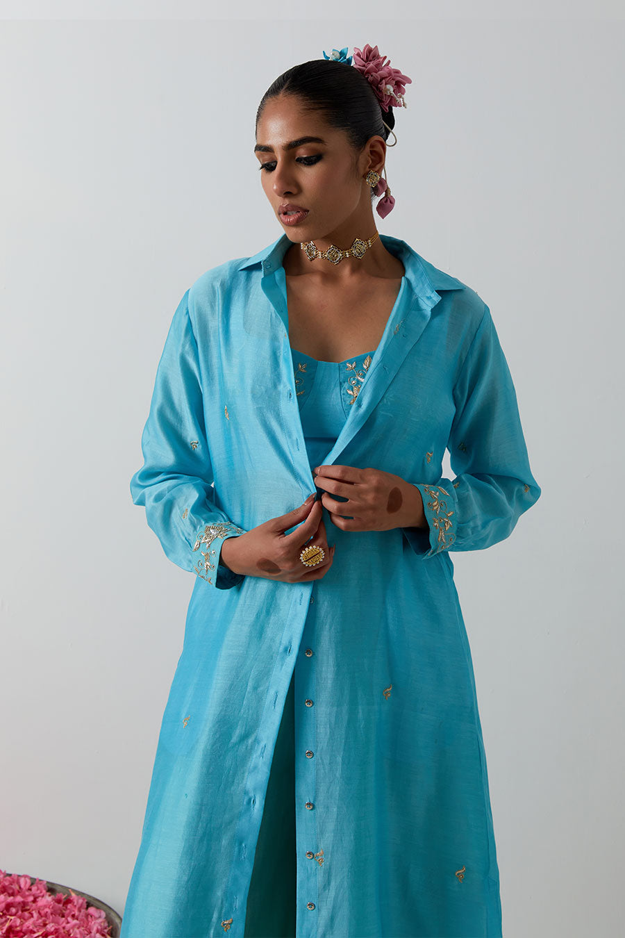 Sky Blue Embroidered Chanderi 3-Piece Co-Ord Set