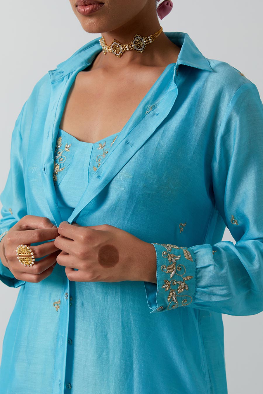 Sky Blue Embroidered Chanderi 3-Piece Co-Ord Set