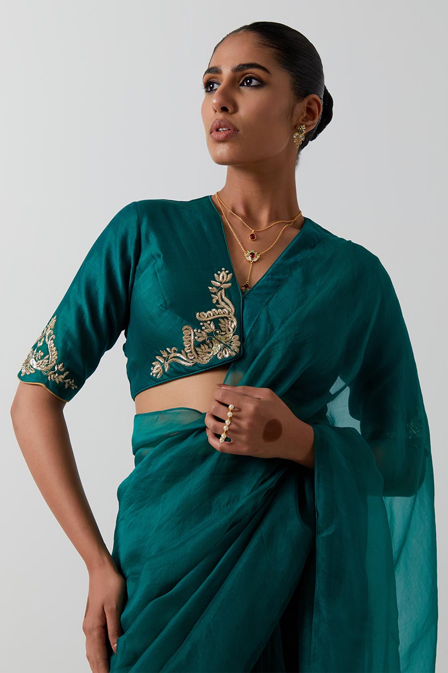 Emerald Green Pre-Stitched Saree & Blouse Set