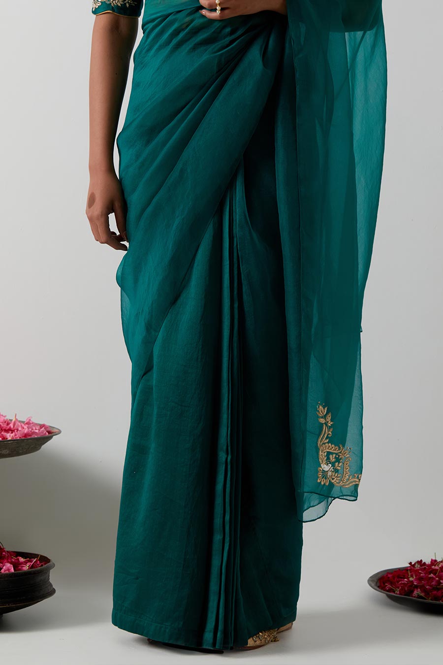 Emerald Green Pre-Stitched Saree & Blouse Set