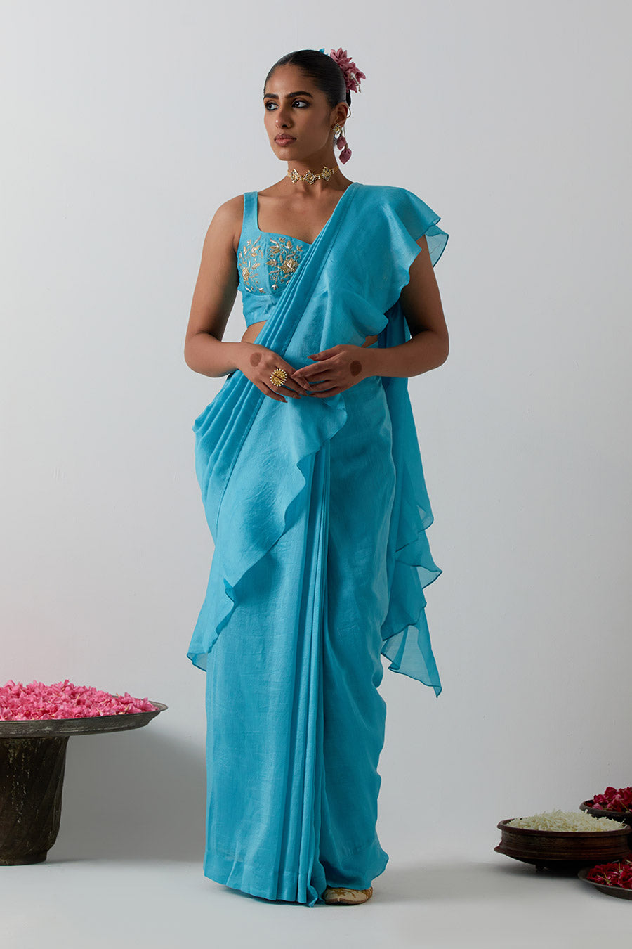 Sky Blue Pre-Stitched Ruffled Saree & Blouse Set