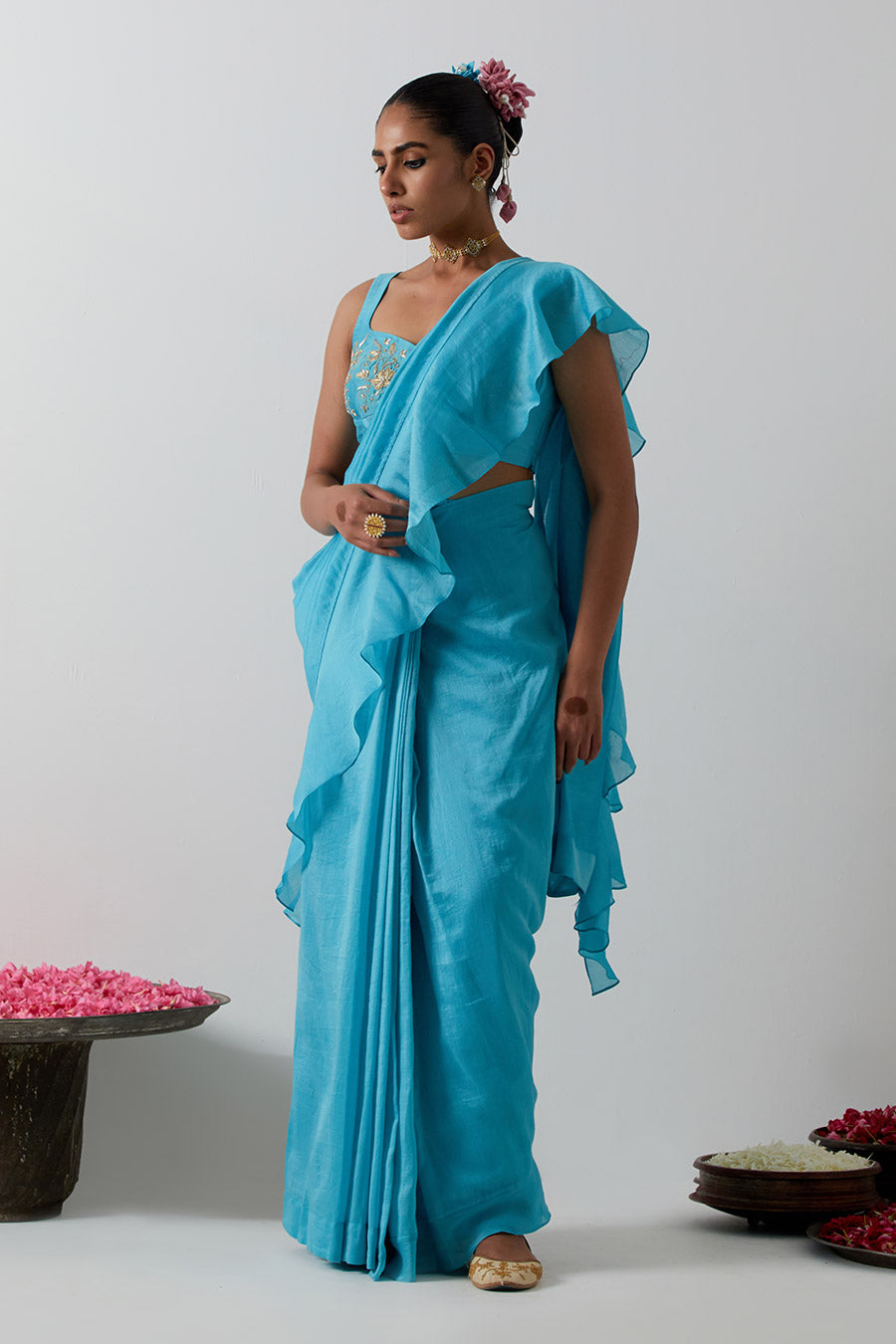 Sky Blue Pre-Stitched Ruffled Saree & Blouse Set