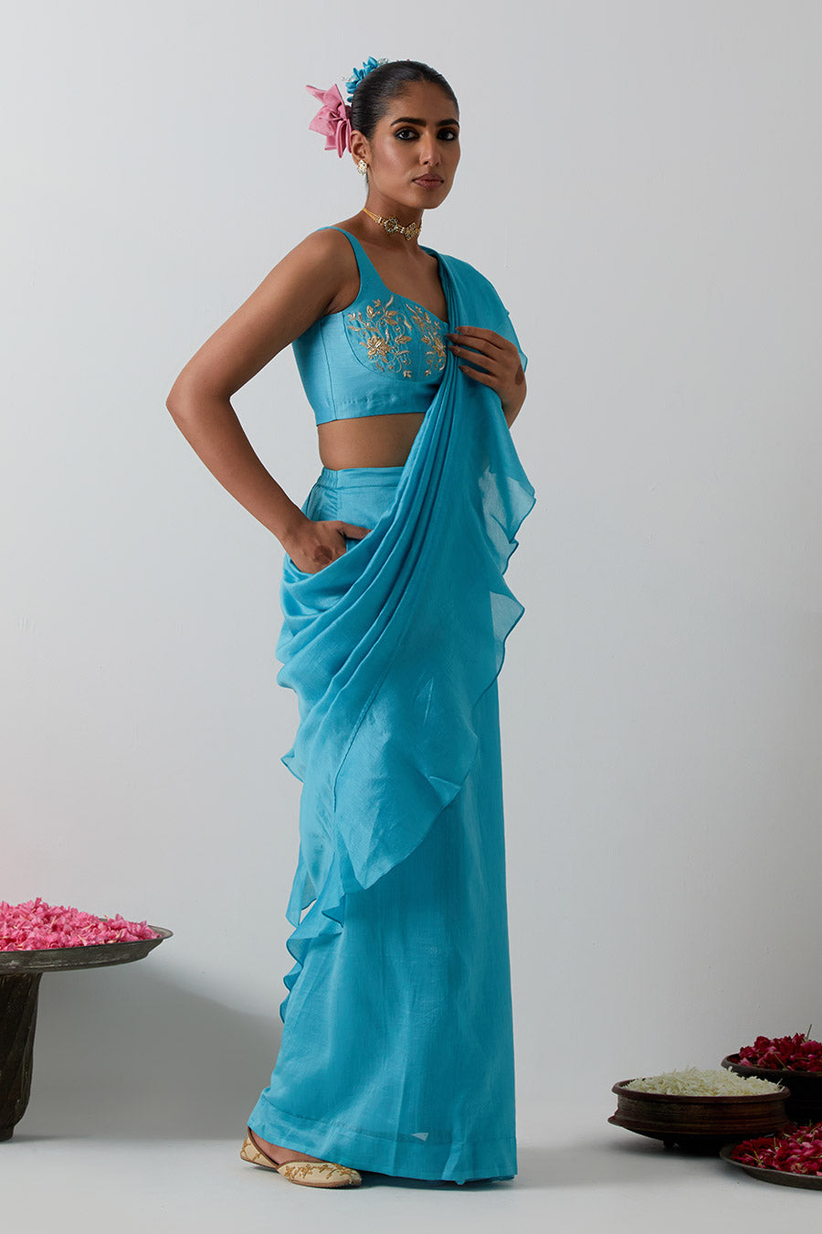 Sky Blue Pre-Stitched Ruffled Saree & Blouse Set