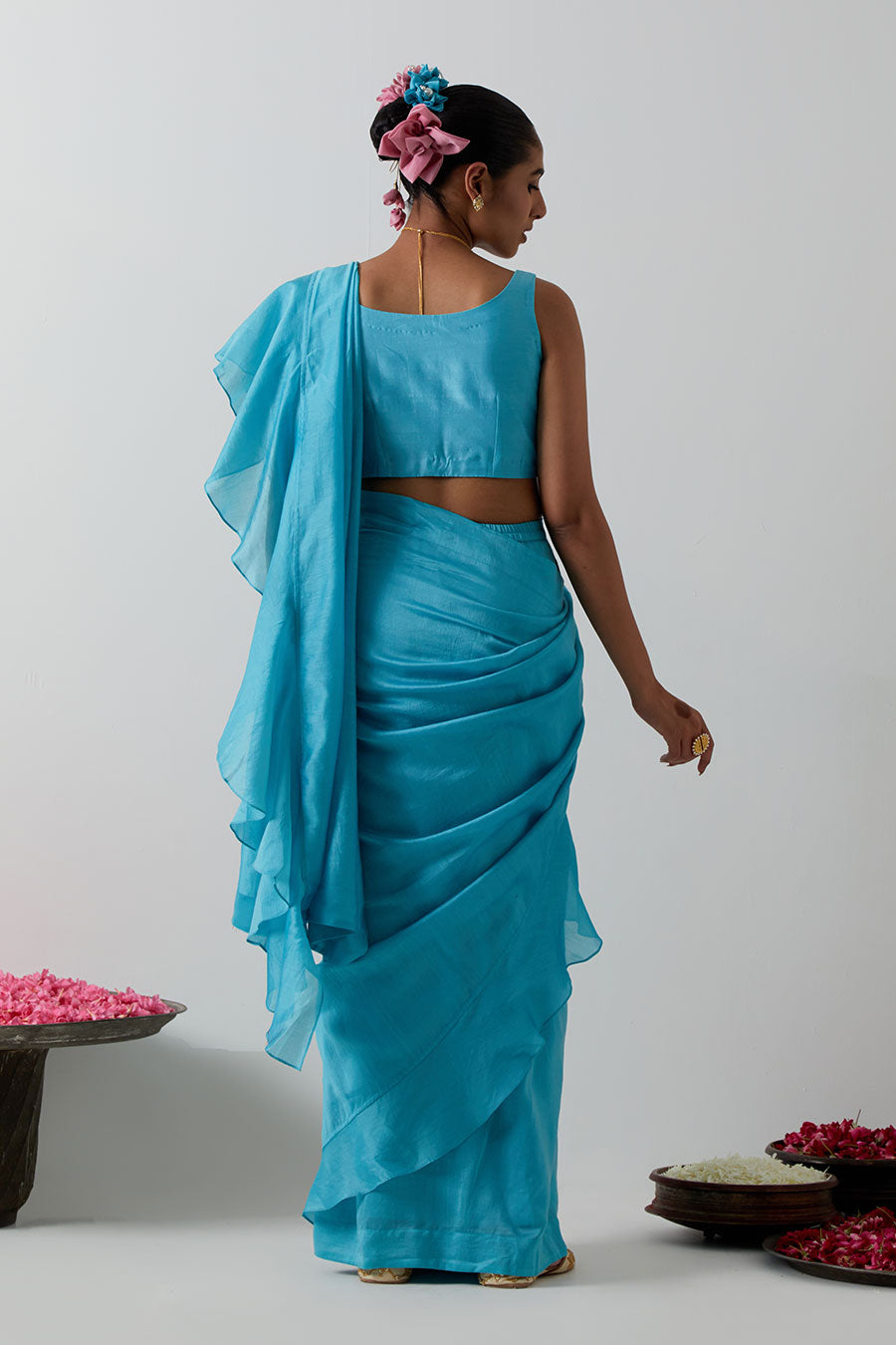 Sky Blue Pre-Stitched Ruffled Saree & Blouse Set
