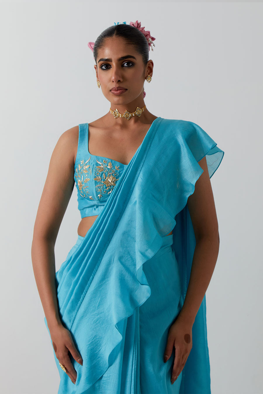 Sky Blue Pre-Stitched Ruffled Saree & Blouse Set