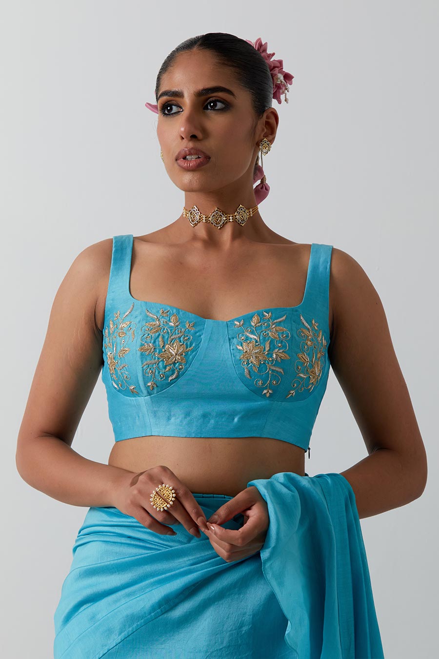Sky Blue Pre-Stitched Ruffled Saree & Blouse Set