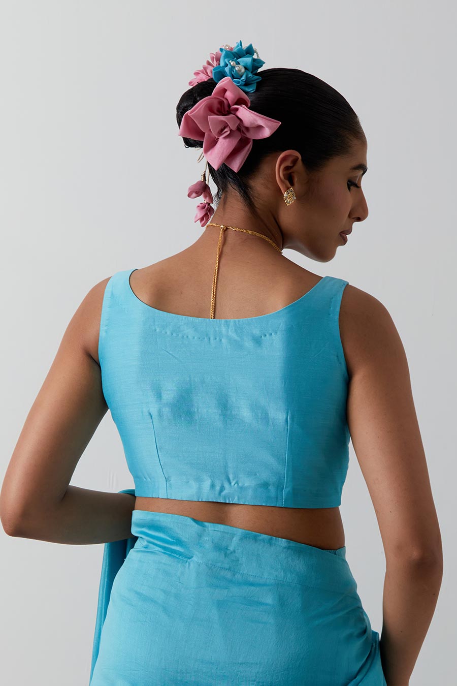 Sky Blue Pre-Stitched Ruffled Saree & Blouse Set